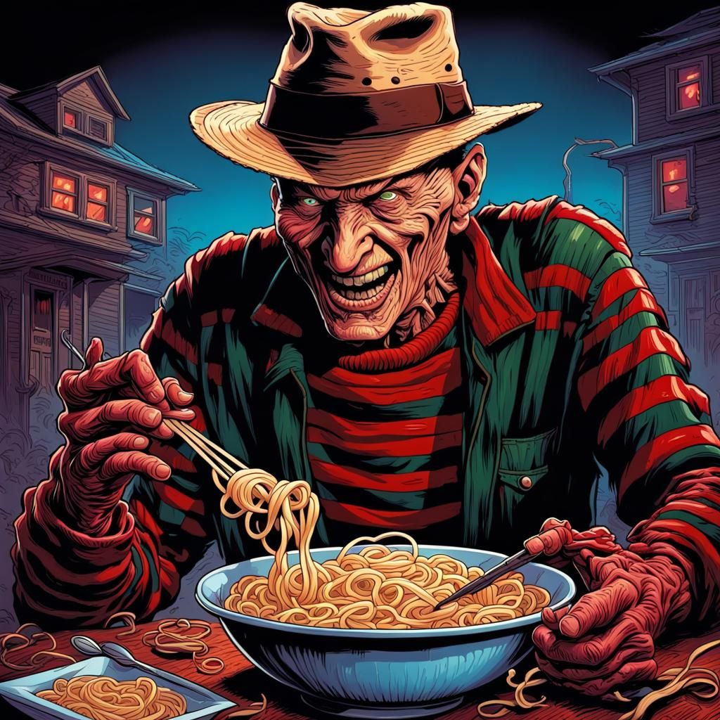 Freddy Krueger's Noodle Lunch: A Cheerful Cartoon