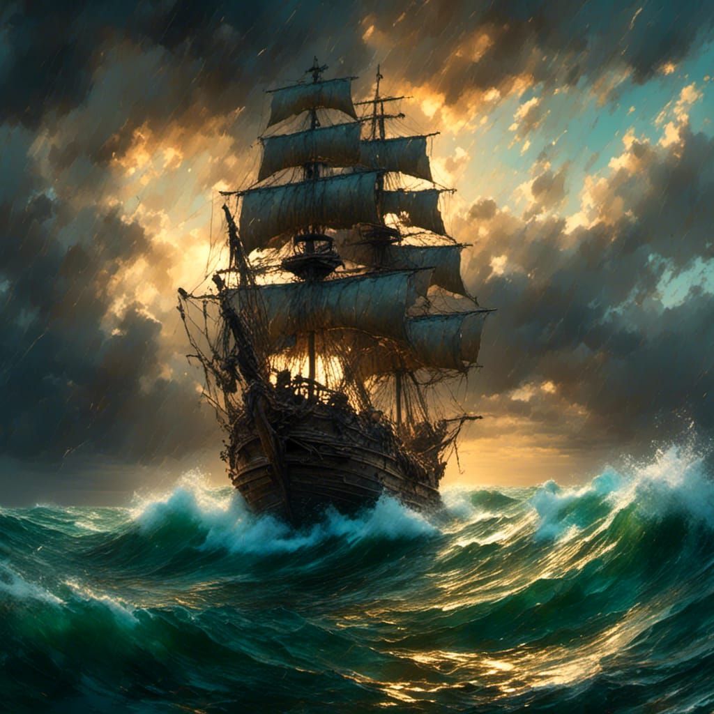 Pirate Ship Sailing Stormy Seas: Digital Concept Art