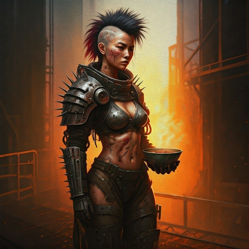 Tortured Raider Woman in Industrial Armor, Neo-Expressionist...