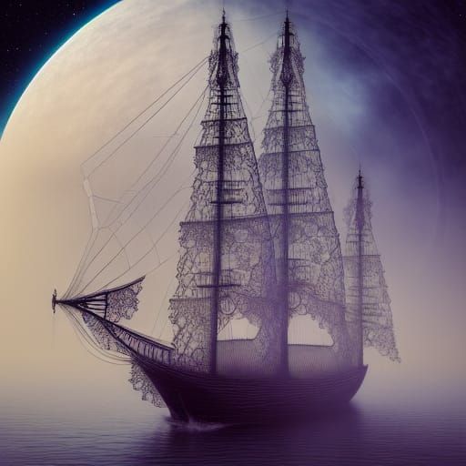 Gothic Tall Ship with Lacey Sails in Digital Art