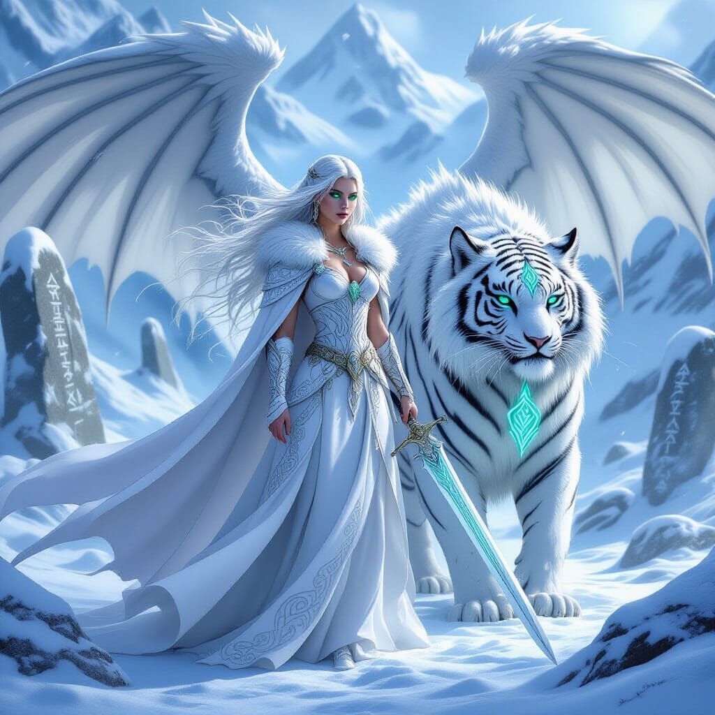 Celtic Warrior Princess and Tiger-Dragon in Snowy Landscape
