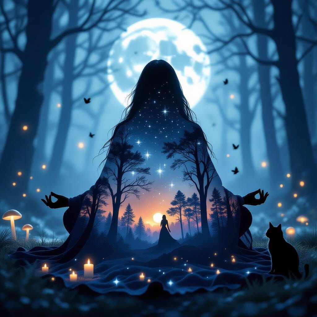 Moonlit Witch Meditation in Forest Silhouette