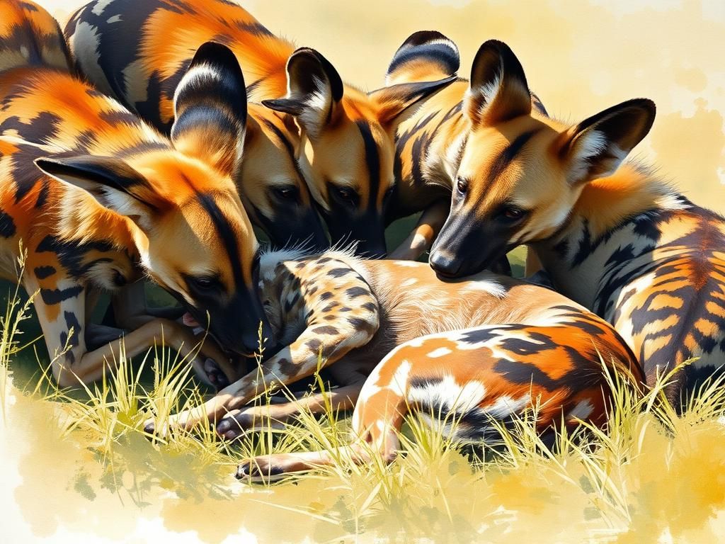 African Wild Dogs Tend Wounded Friend