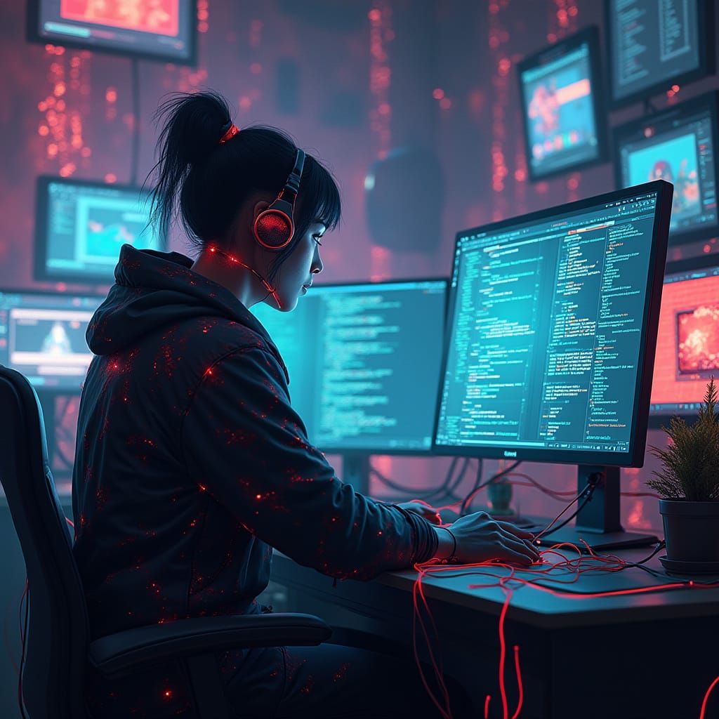 Futuristic Digital Artist Creating Cyberpunk Art