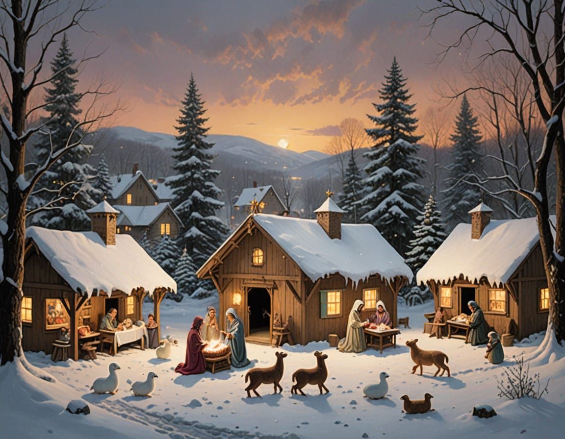 Winter Wonderland Nativity Scene with Snowmen in Soft Focus