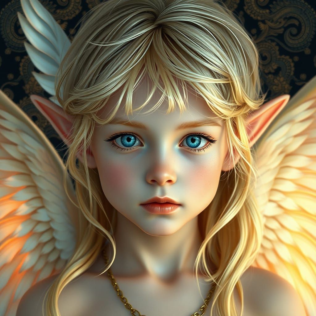 Ethereal Elf Boy with Dove Wings in Art Nouveau Style
