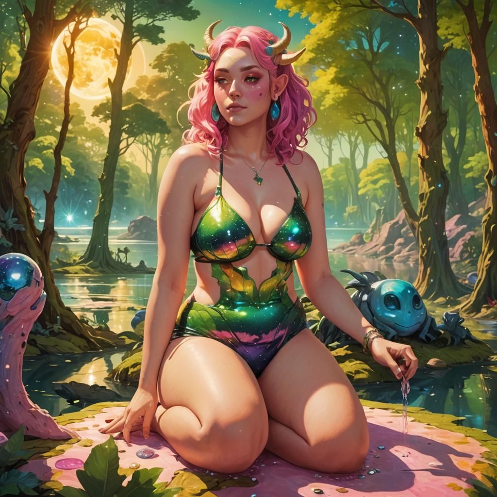 Rainbow Haired Satyr in Alien Forest, Anime Art