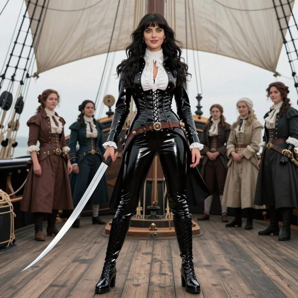 Woman in Latex on Sailing Ship with Scimitar