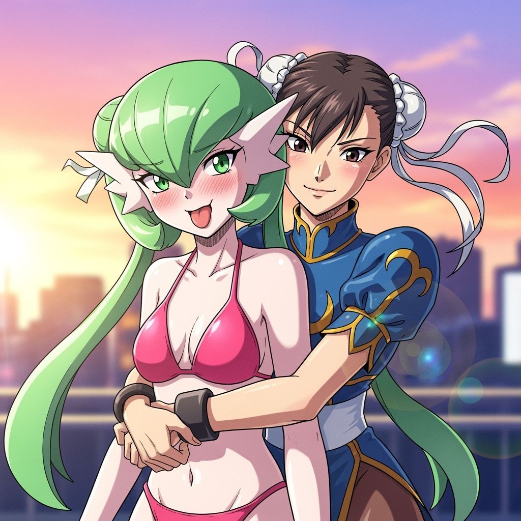 Gardevoir and Chun-Li Hug in Vibrant Anime Style
