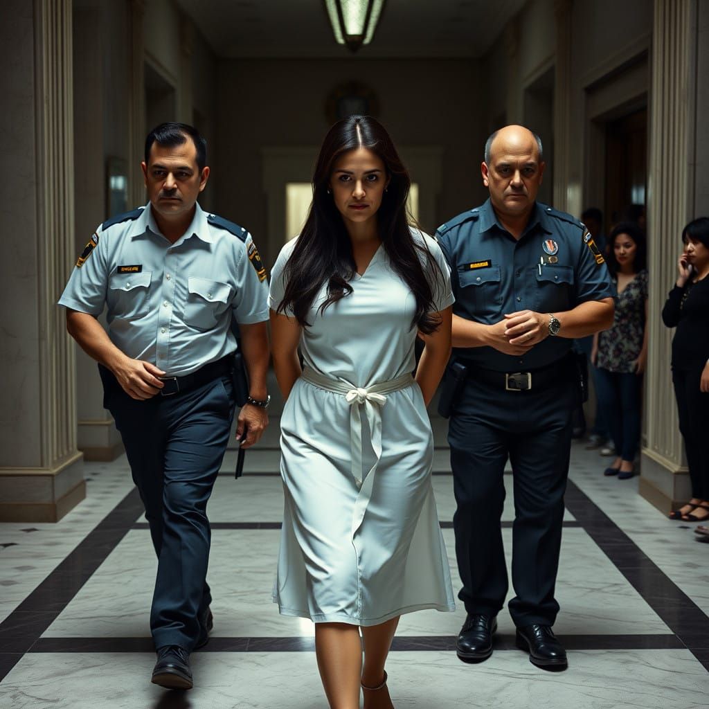 A Downtrodden Woman in a Stark White Maid's Dress Escorted b...