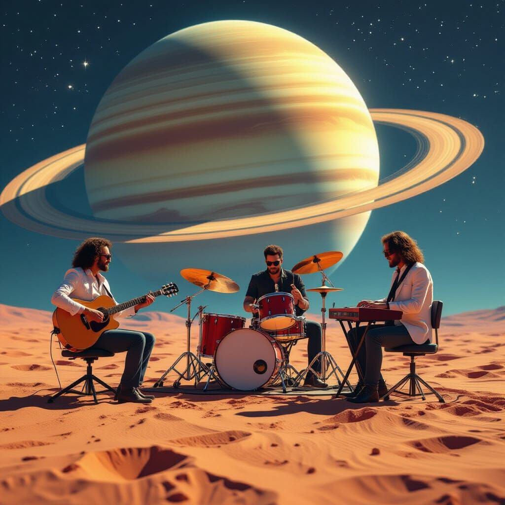 Human Band Performs on Saturn Rings in Cosmic Digital Art
