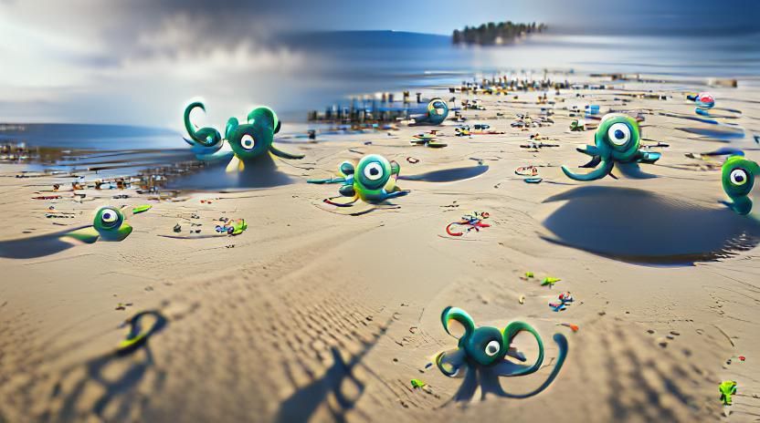 Cthulhu Figures on a Beach in Pixar Style