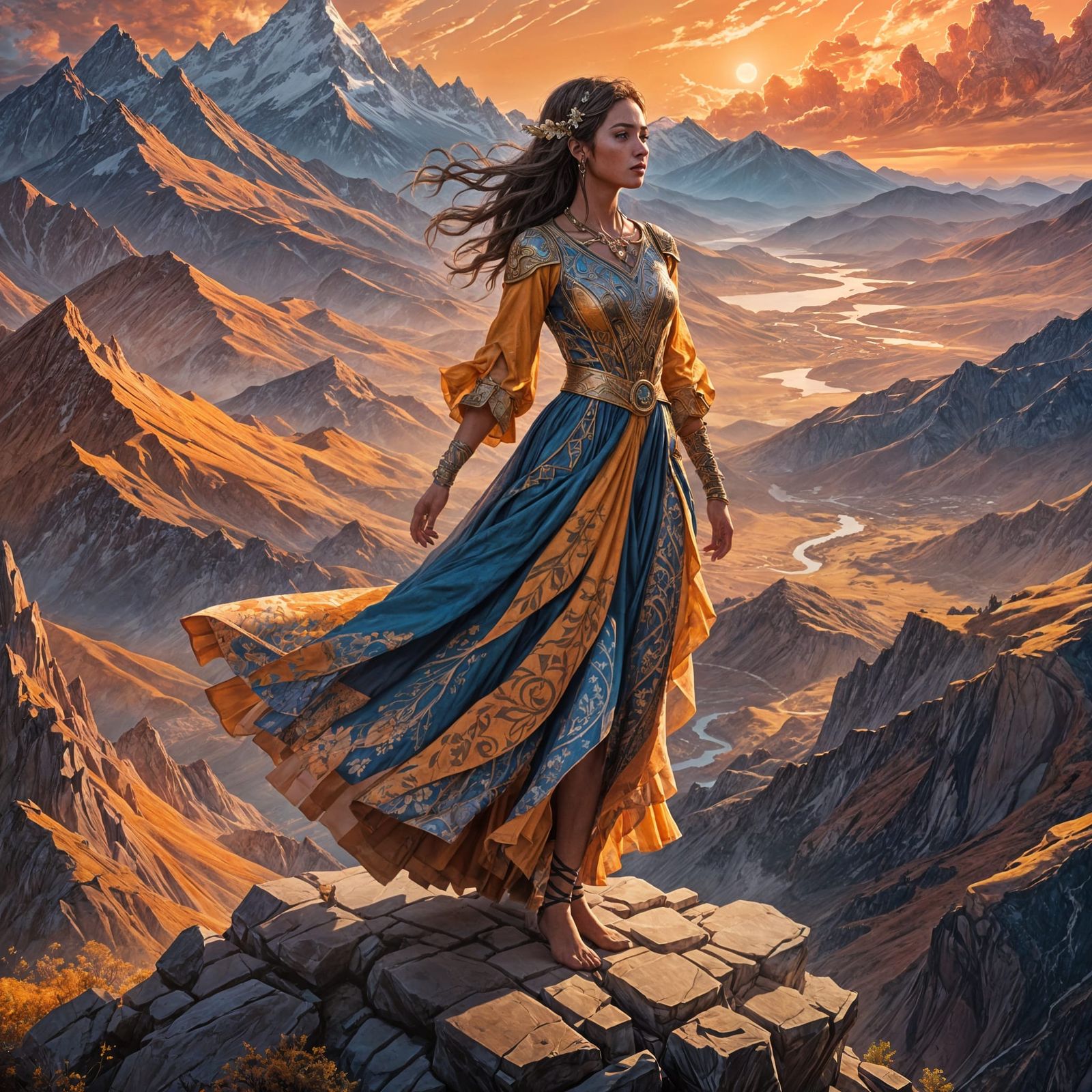 Girl in Traditional Dress at Sunset, Fantasy Art
