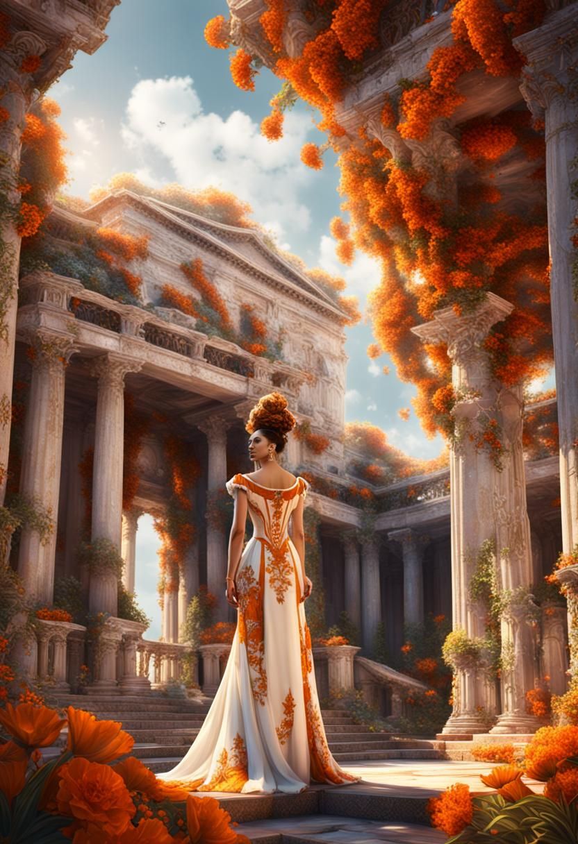 Woman in Floral Gown in Palace, Digital Painting