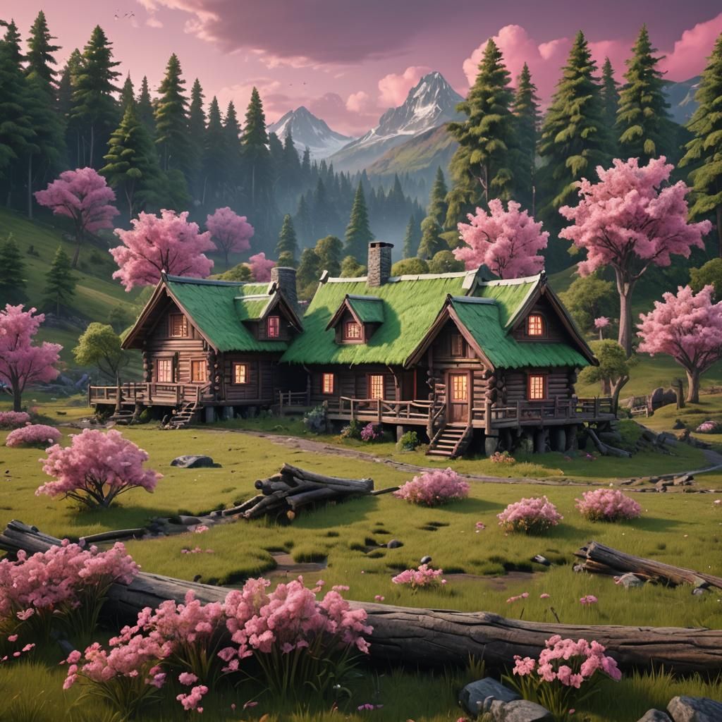 Green Landscape with Pink Sky and Log House