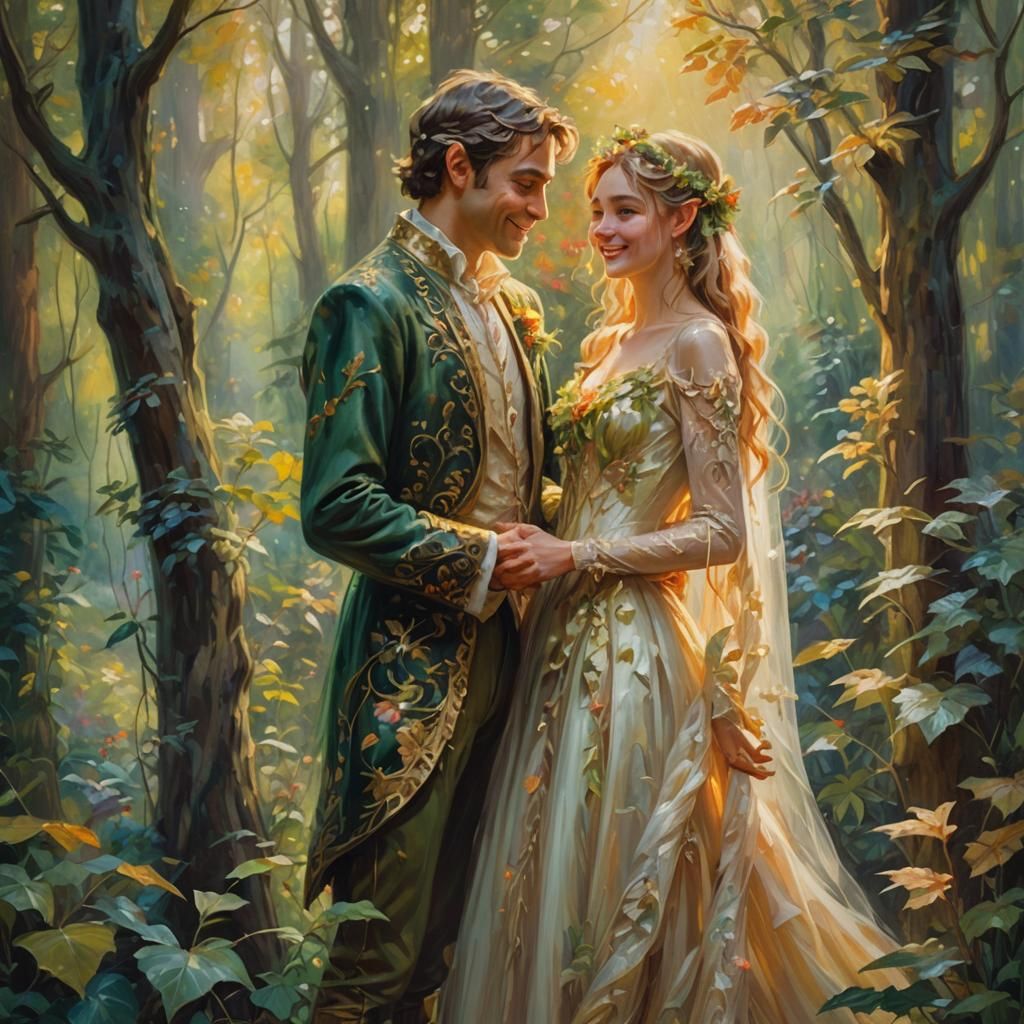 Romantic Impressionist Elves in a Whimsical Forest Scene