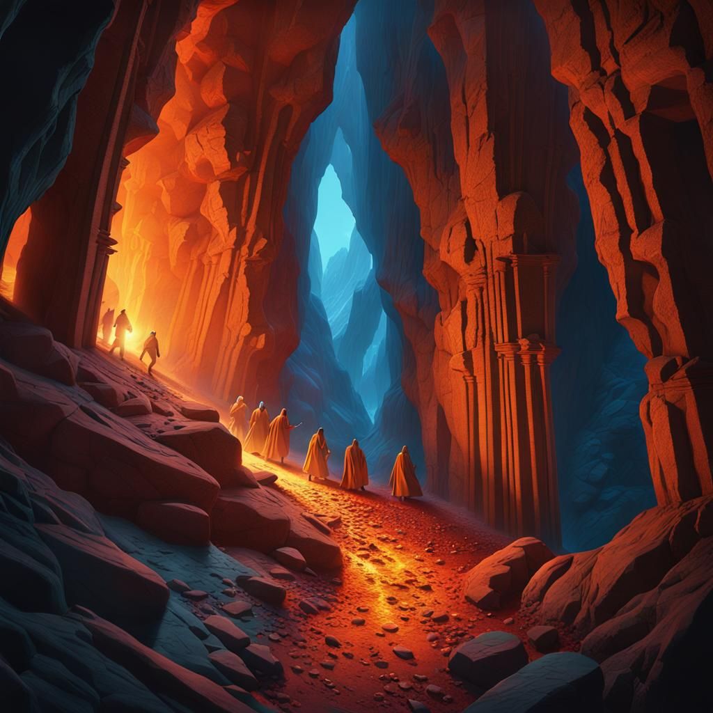 Epic Mountain Cave Illuminated by Fiery Torches