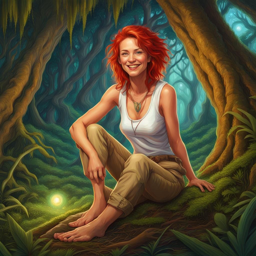Enchanted Rainforest Clearing with Red-Haired Elf