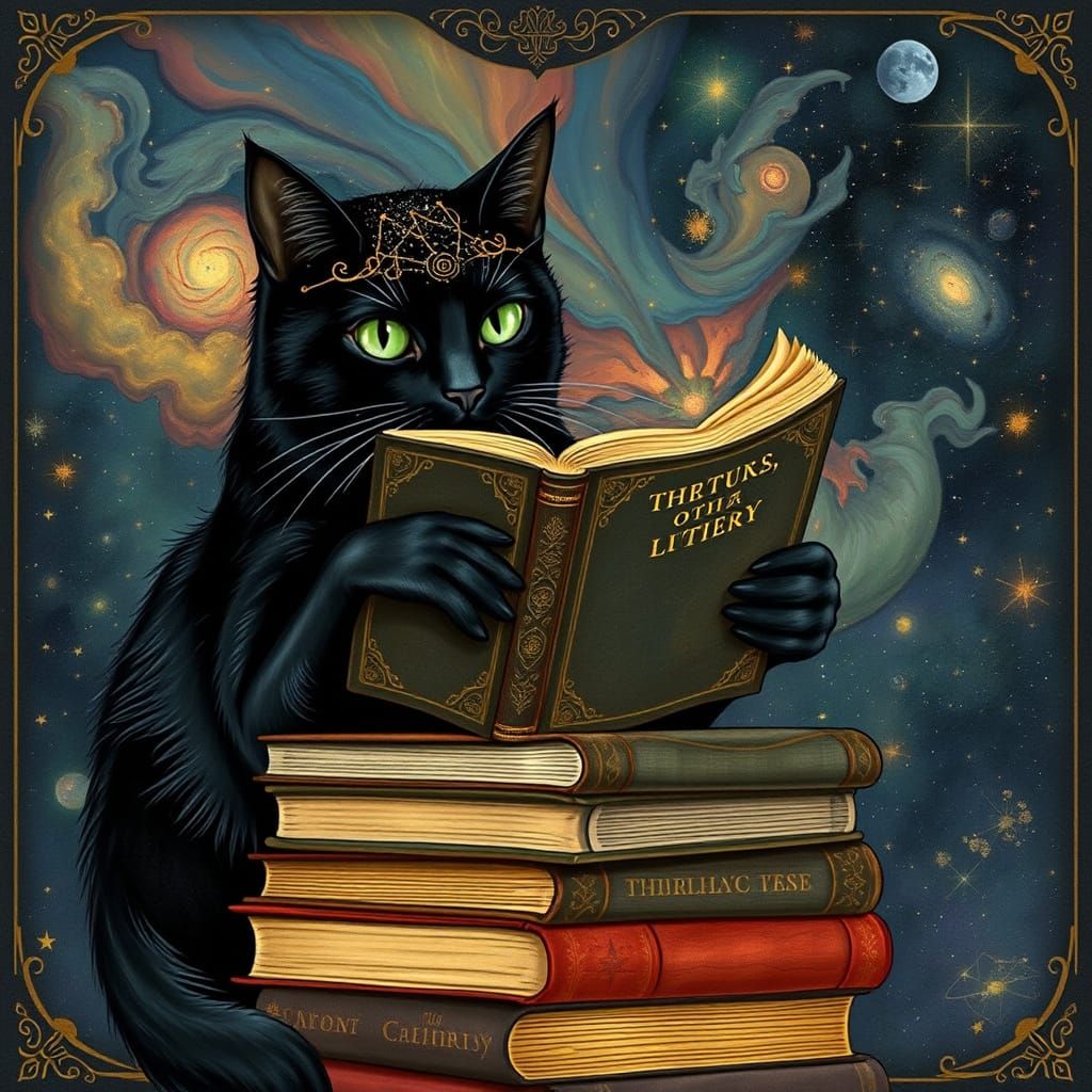 Regal Black Cat Reads Ancient Tome in Celestial Library