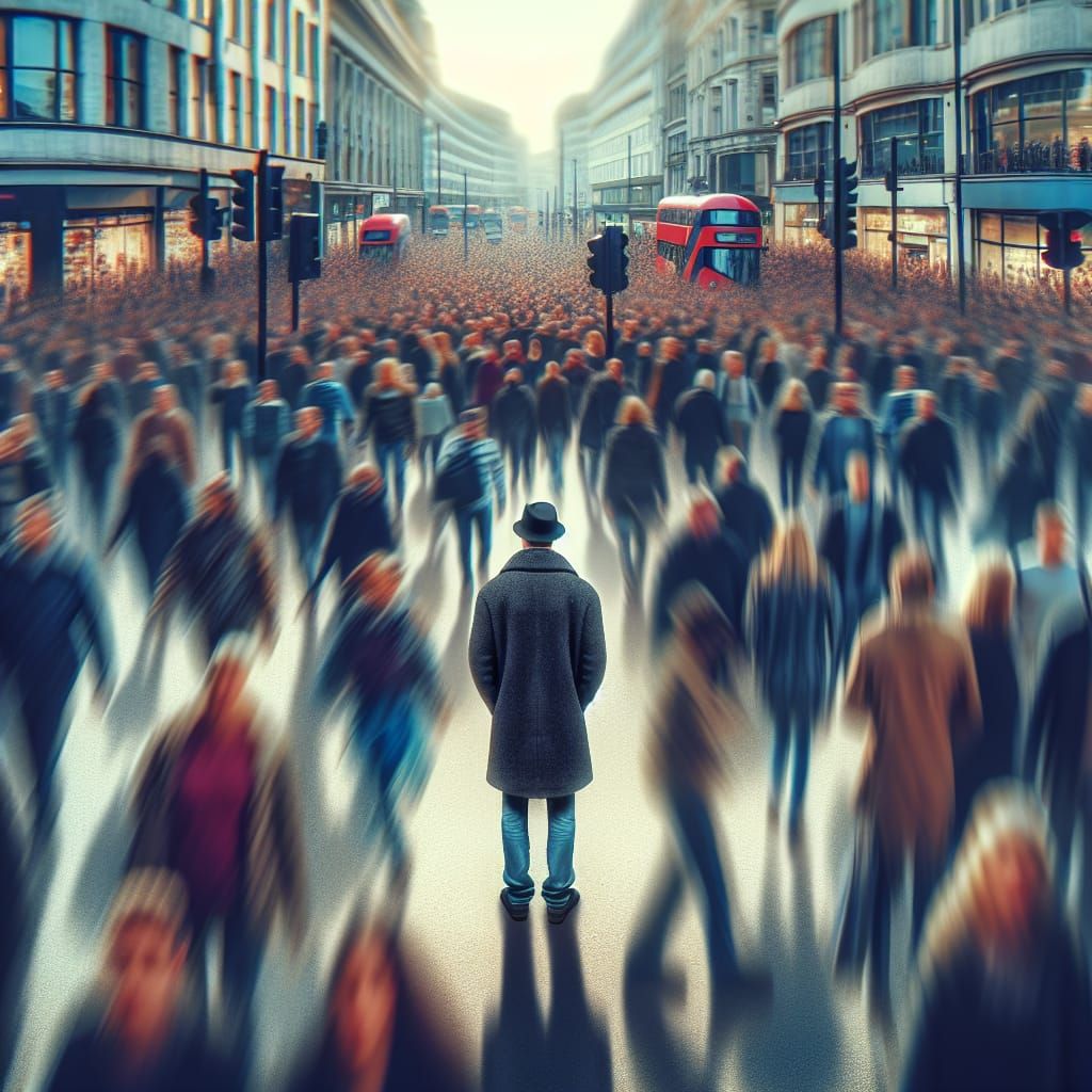 Overwhelmed Individual in Crowded Street Scene