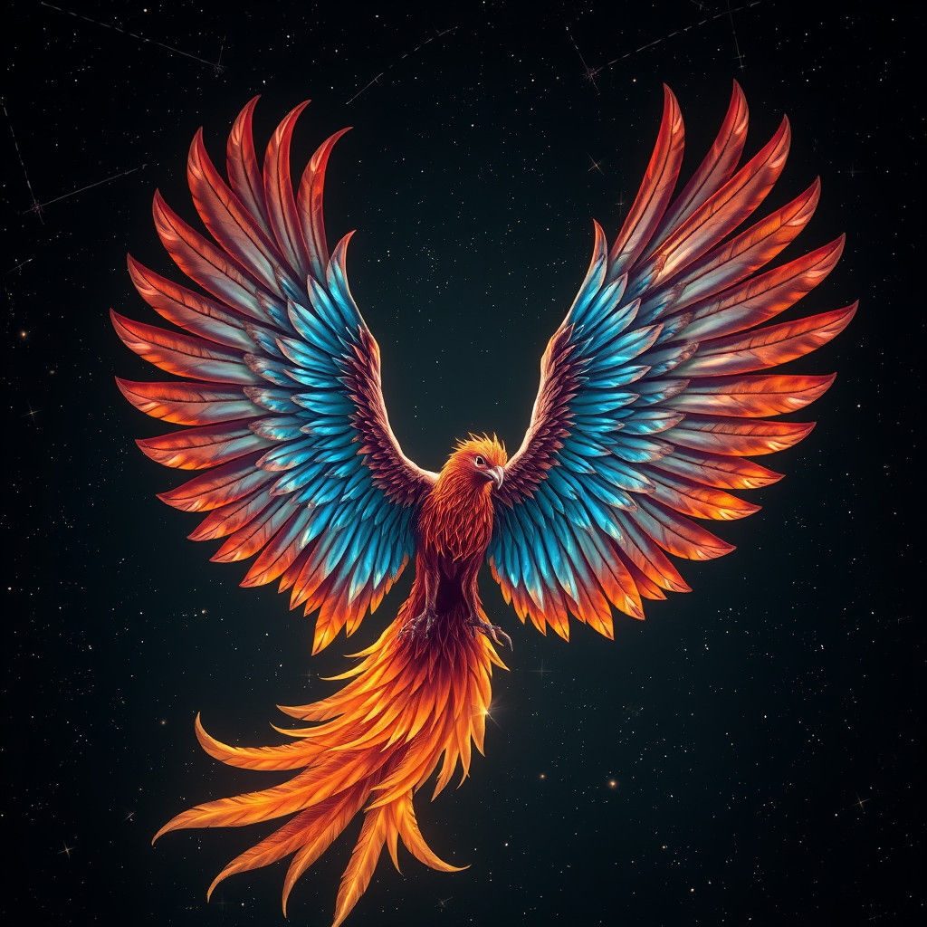 Iridescent Phoenix Spreads Wings in Starry Night Sky