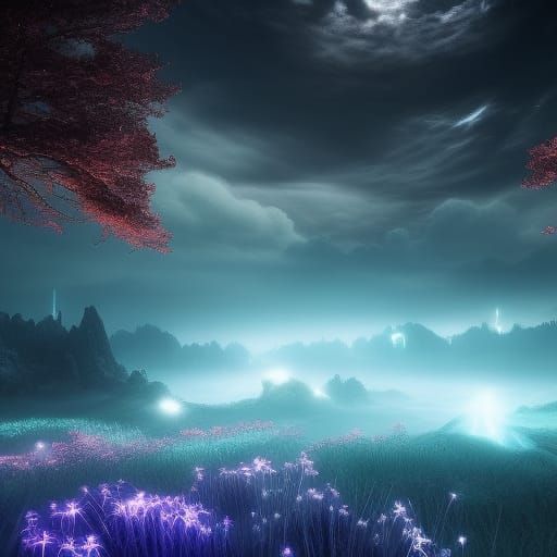 Eerie Dark Fantasy Landscape in Electroluminescent Colors