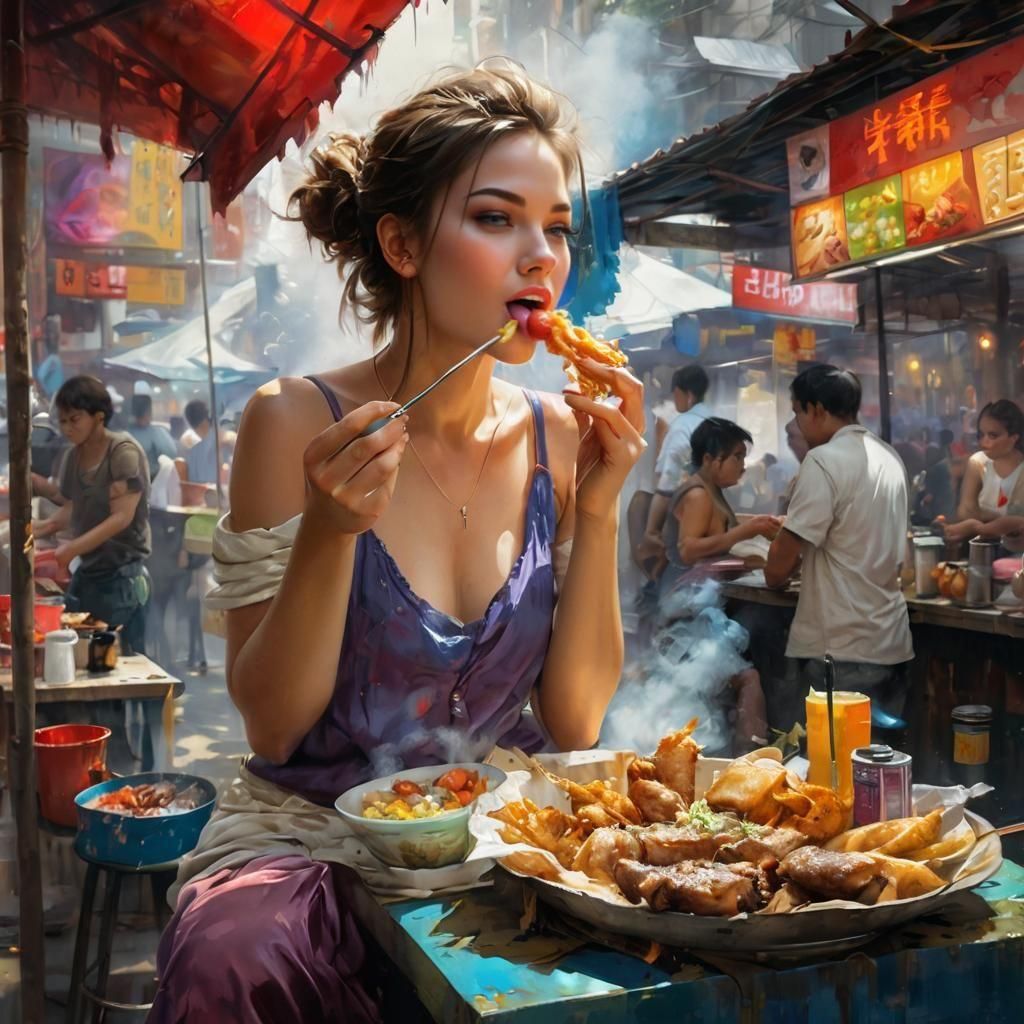 Filipina Woman Enjoys Street Food: Fine Art Painting