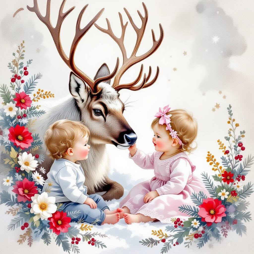 Ethereal Reindeer with Children in Soft Watercolor Style