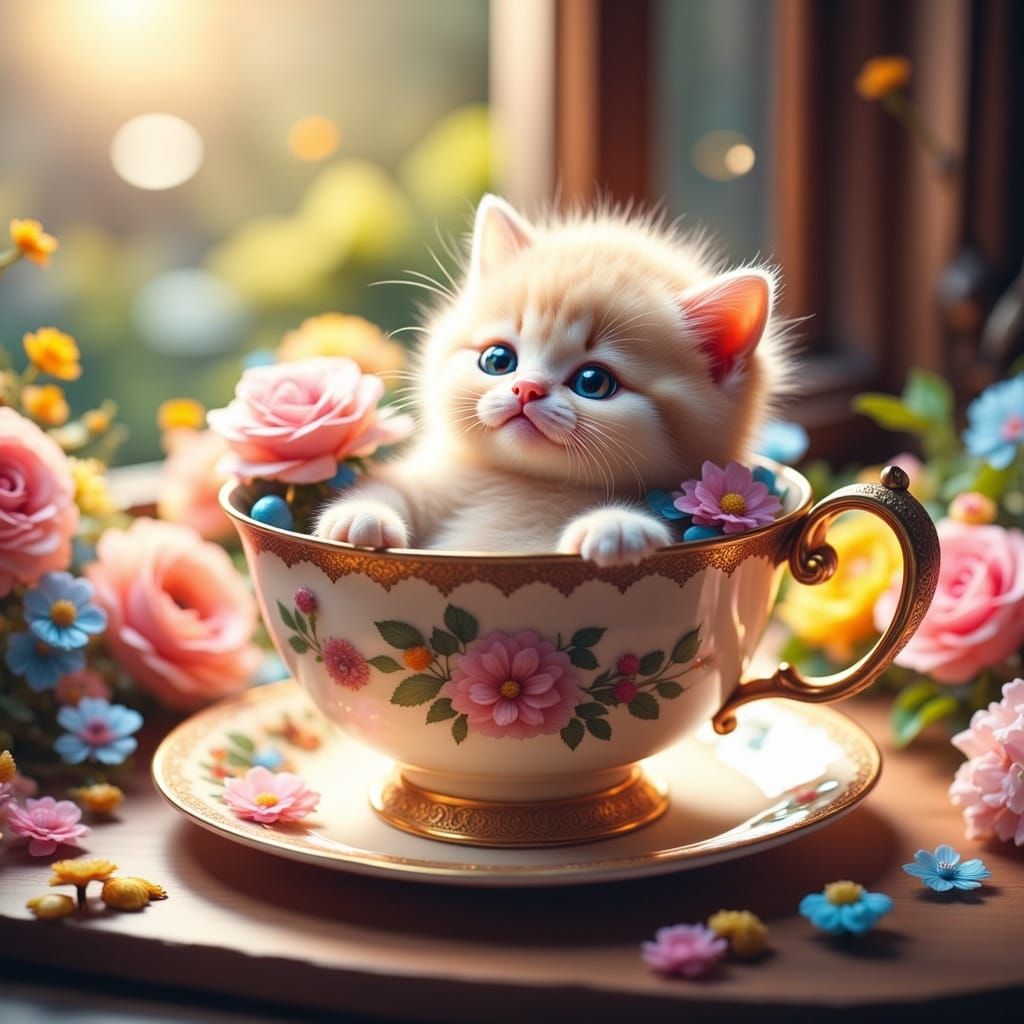 Cozy Whimsical Morning Scene with Cream-Colored Kitten