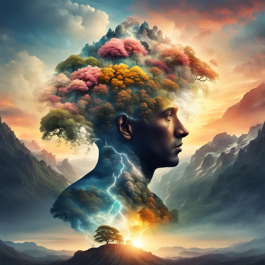 Surreal Human-Nature Double Exposure in Ethereal Landscape