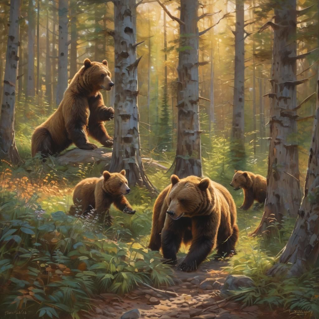 Brown Bear and Cubs in Forest: Impressionist Oil Painting