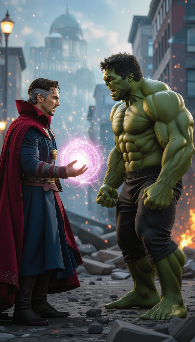 Doctor Strange and Hulk: Tense Cinematic Confrontation