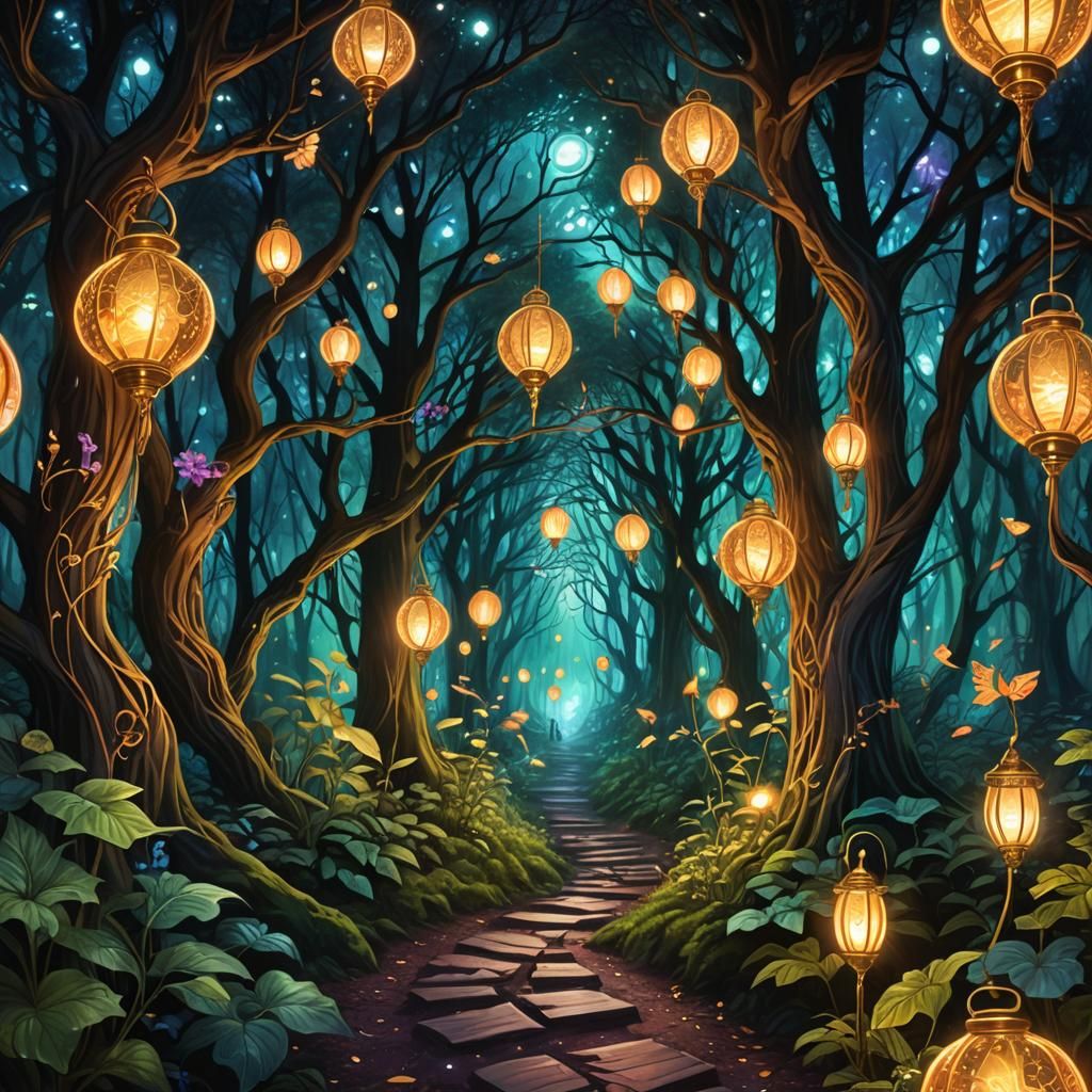 Art Nouveau Fairy Lanterns Light Forest Path