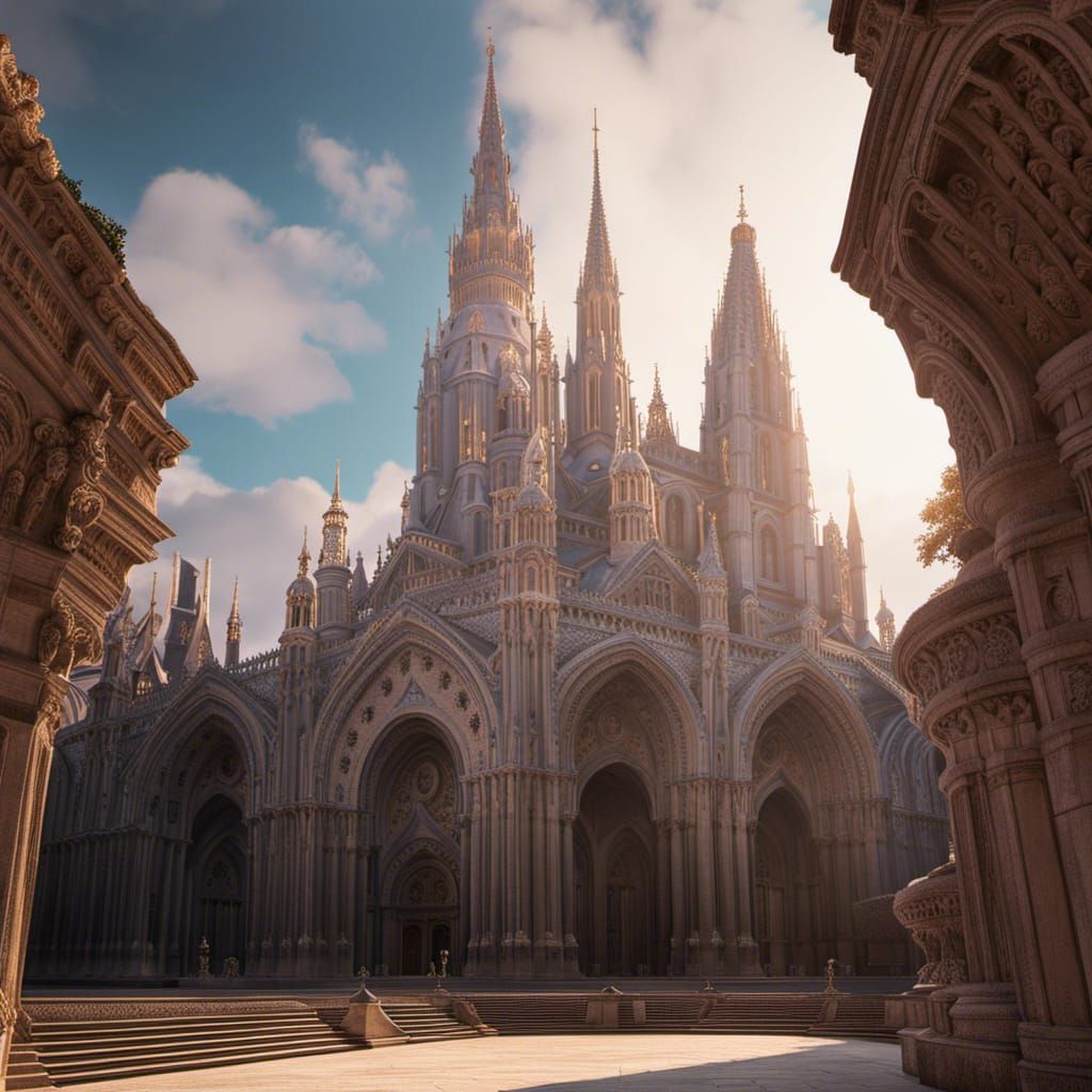 Gothic Cathedral Under Crimson Moon, Detailed Matte Painting