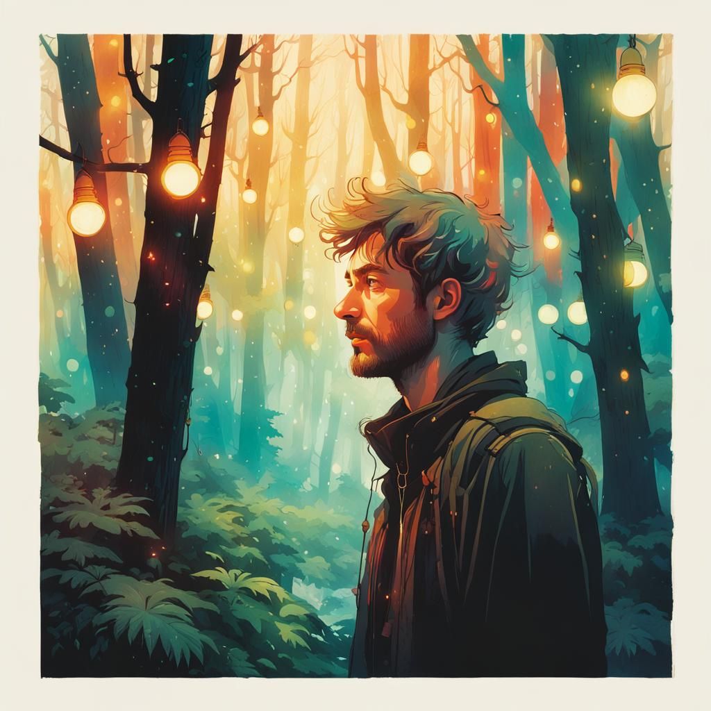Colorful Forest Portrait with Floating Lights