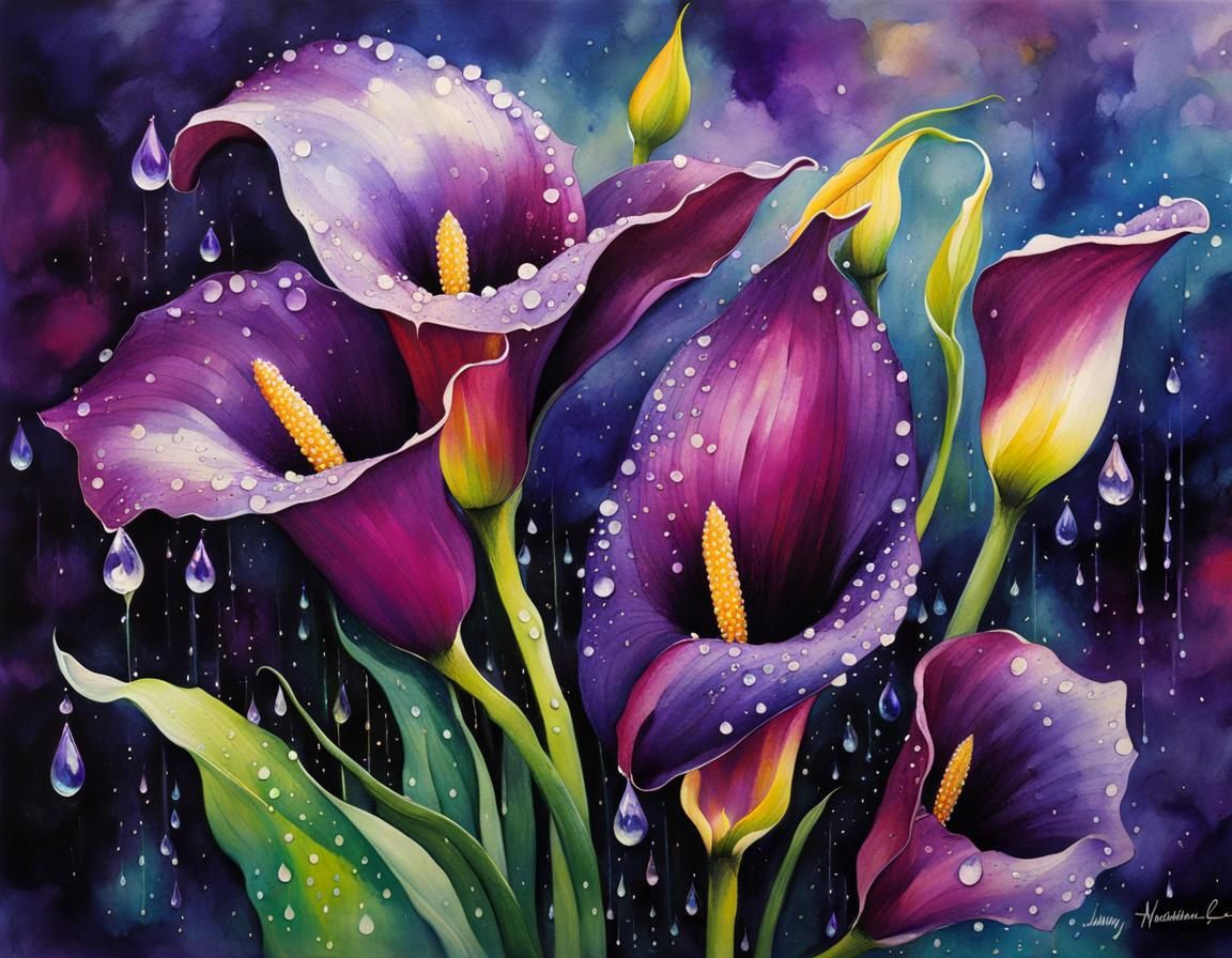Dancing Purple Calla Lilies in Alcohol Ink Style