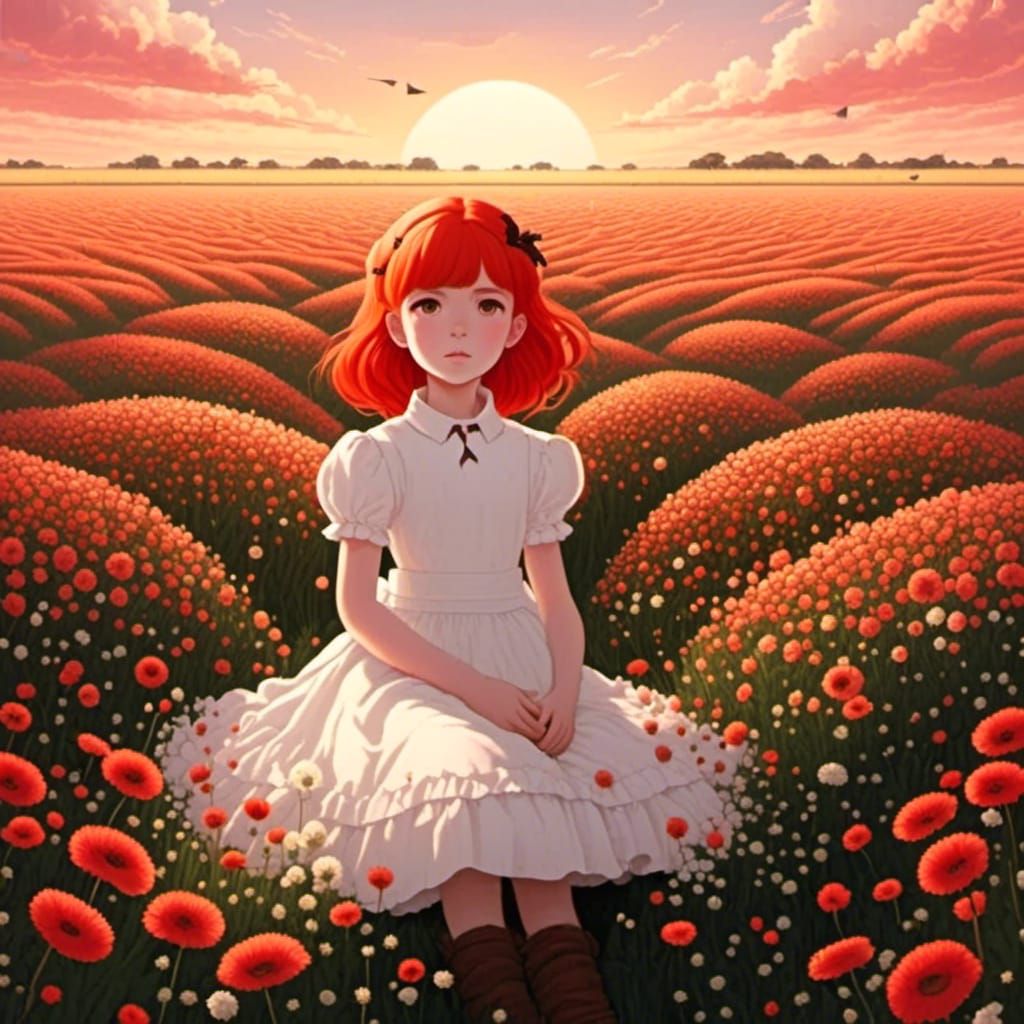 Anime Girl in Flower Field at Golden Hour