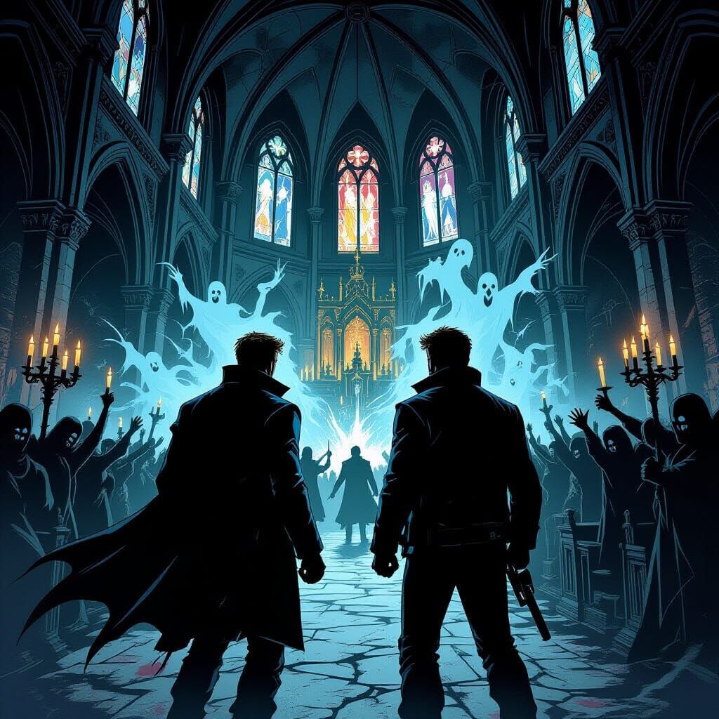 Winchesters in Gothic Cathedral, Horror Comic Style