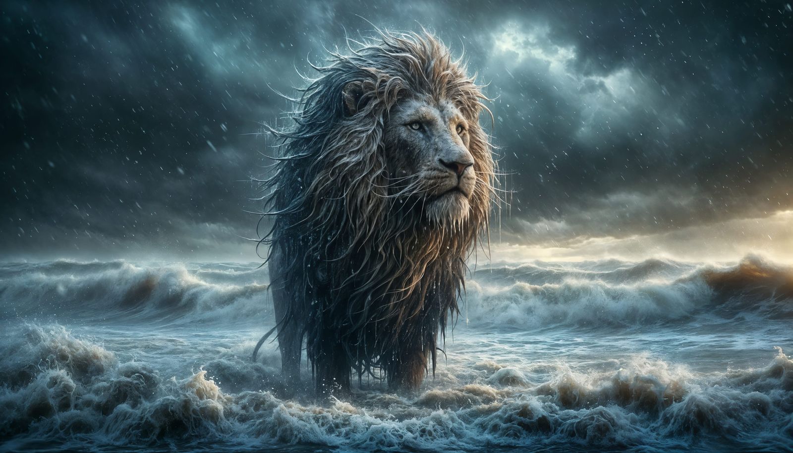 Lion in Stormy Ocean Surf: Fantasy Concept Art