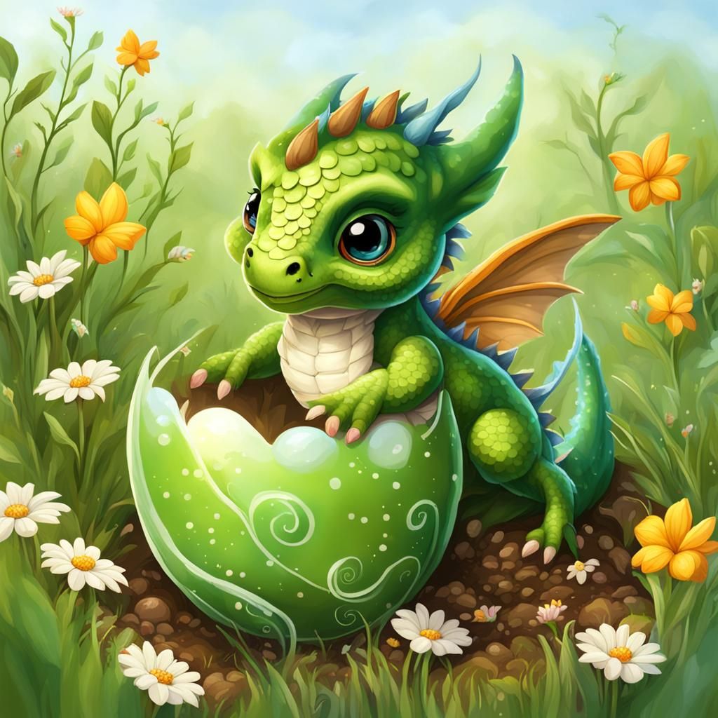 Cute Baby Fairy Dragon Hatching in Meadow