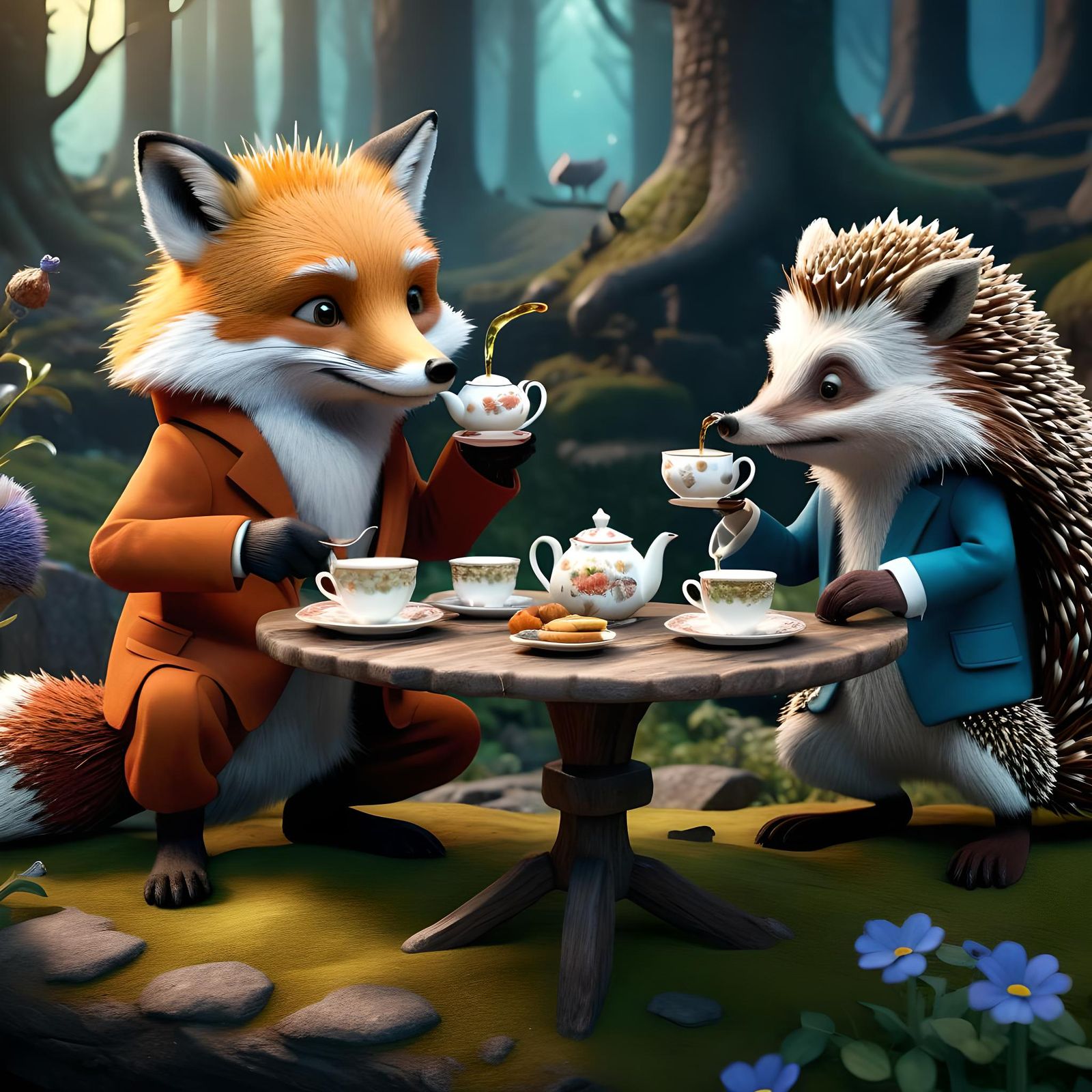 Cartoon Fox and Hedgehog Tea Party: 8k Fantasy Art