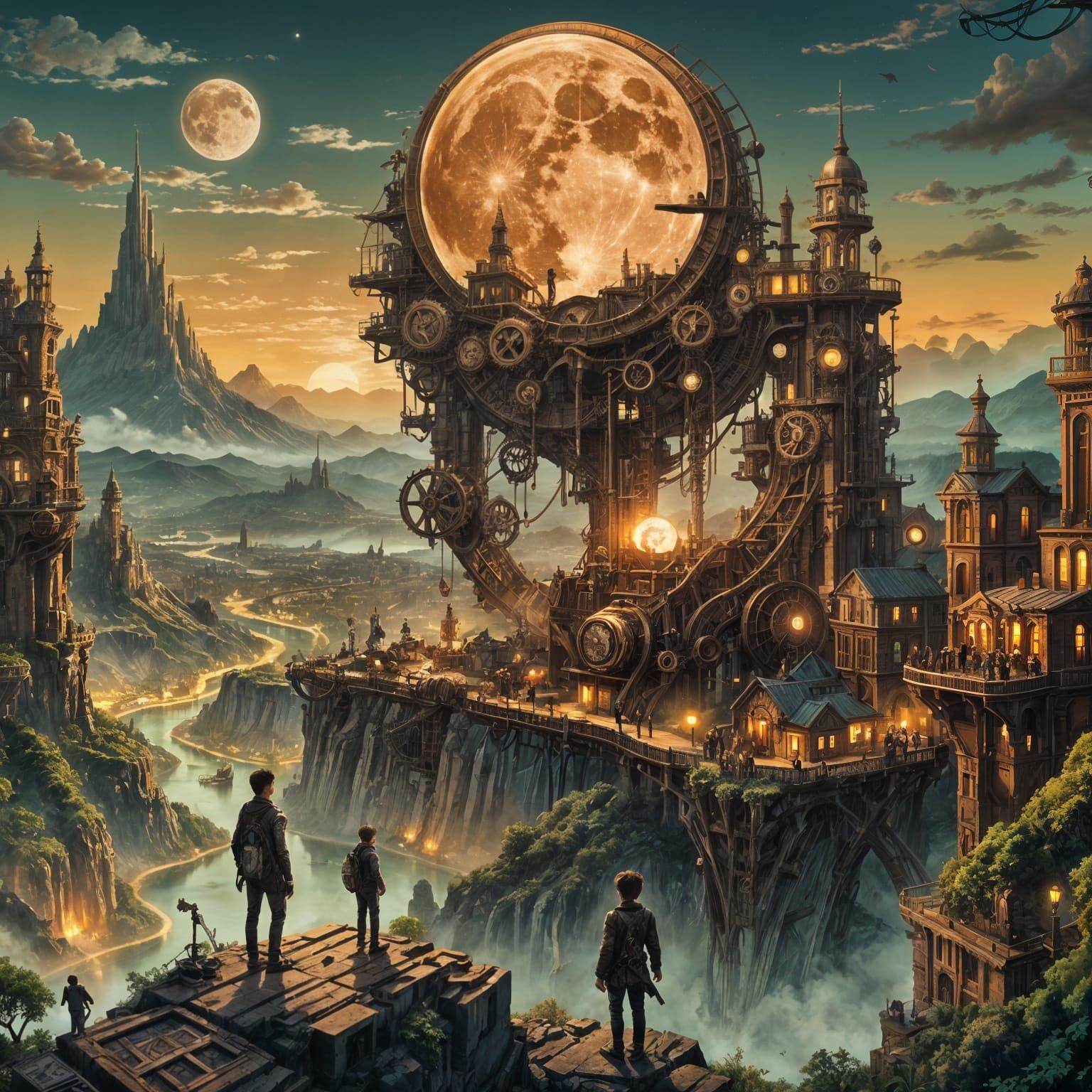 Steampunk City Under Giant Moon, Digital Art