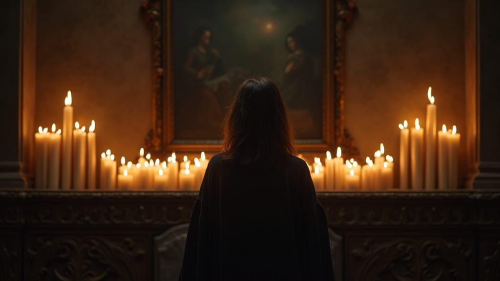 Woman Surrounded by Candlelit Church Shelf in Dark Backgroun...