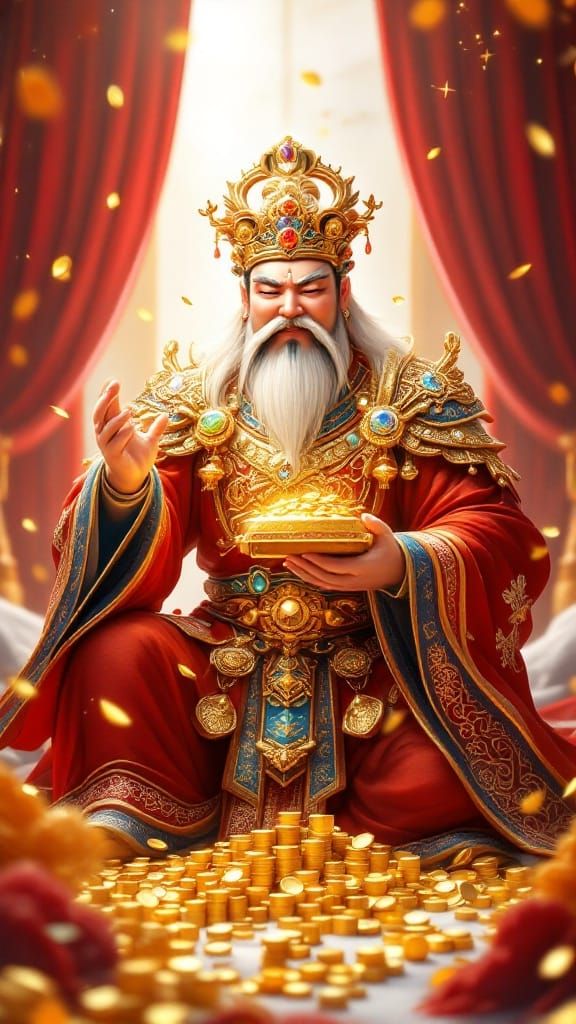 God of Wealth with Gold Ingot, 3D Rendered Art