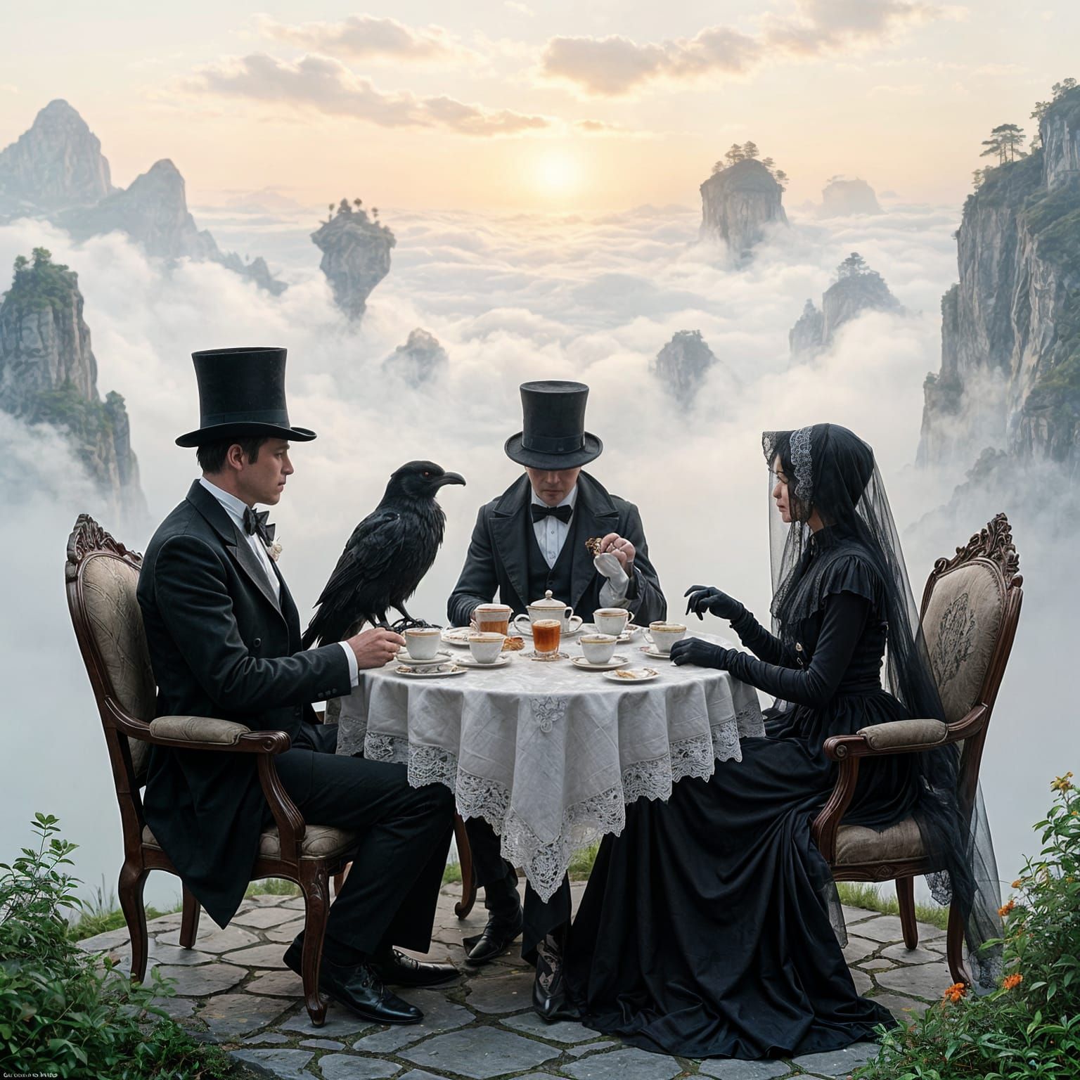 Surreal Tea Party on Foggy Mountain Ledge