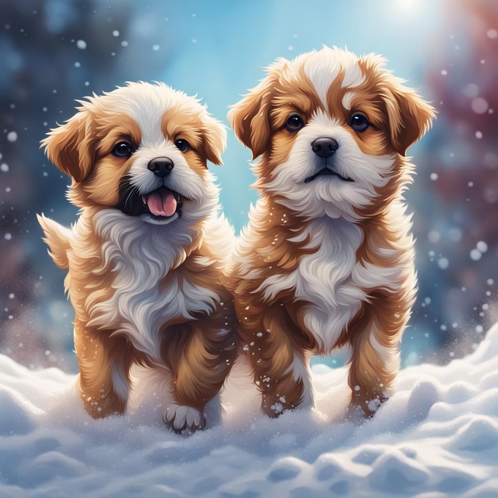 Hyperrealistic Puppies Playing in the Snow: Splash Art