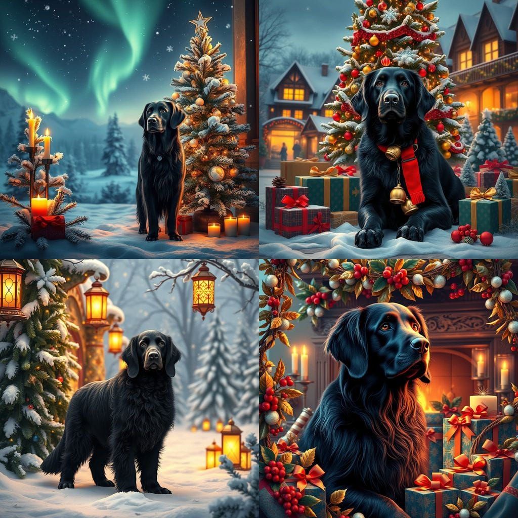 Joyful Flat Coated Retriever in Festive Christmas Scene