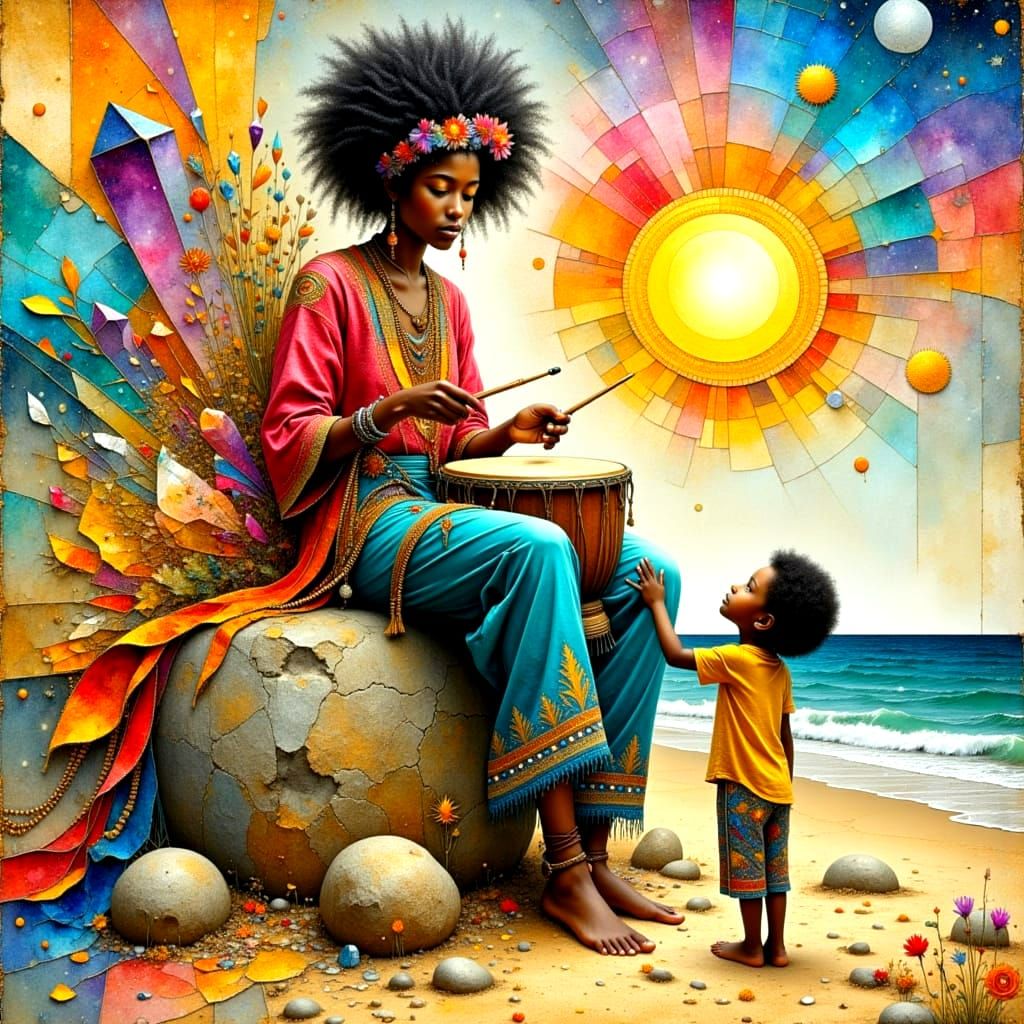 Stylish Boho Woman Plays Bongo Drums on Beach with Curly Hai...