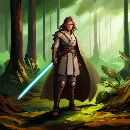 Armored Jedi in Forest, Chiaroscuro Style