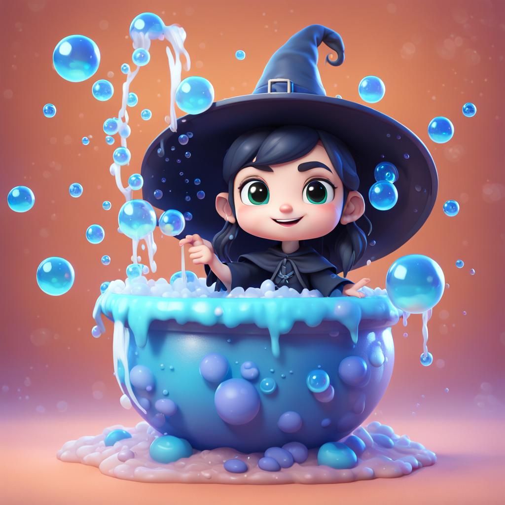 Cute Chibi Witch Bathes in Cauldron, 3D Digital Art